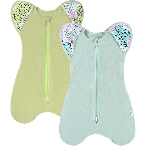 Muslin Cotton Transition Swaddle Sack with 2-Way Zipper, Self-Soothing Sleep Sack with Arms up,2 Pack (Vitality Style, 3-6 Months)