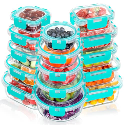 VERONES 30 Pieces Glass Meal Prep Containers Set, Stackable Glass Food Storage Containers with Lids-Airtight Lunch Containers，for Microwave, Oven, Freezer & Dishwasher,Green