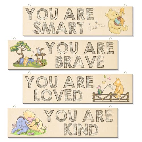 Winnie Room Wall Decor-You Are Smart Kind Loved Brave - 4Pcs Classic Winnie Nursery Kids Room Decor, With Triangular Hook, Baby Stuff, Baby Shower, Birthday Decorations Favors-003