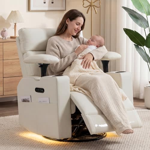 FiveWillowise Power Rocking Nursery Chair with Adjustable Armrests&Headrest | Recliner Nursing Chairs with USB Port,Nightlight,Cup Holder,Electric Swivel Rocker Glider Chair for Breastfeeding,Beige