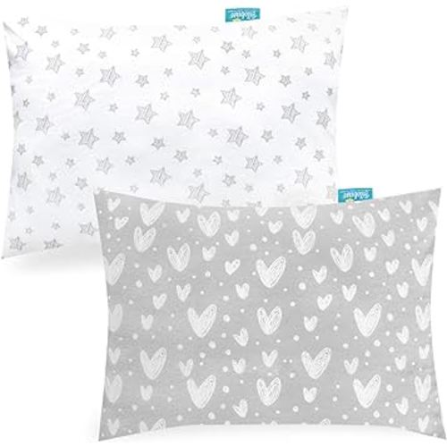 Biloban Organic Cotton Toddler Pillowcase for 13 x 18 or 14 x 19 Inches Pillow, (Pillowcase Only) 2 Pack Kids Pillowcase for Sleeping, Envelope Travel Pillow Case for Girl Boy, Gray Heart & White Star