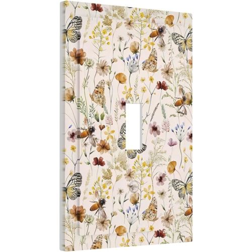 Vintage Butterflies Single Toggle Wall Plates Colorful Wildflower 1 Gang Light Switch Cover Cute Bees Switchplate Covers Decorative Beige Flower Leaves Dimmer Decor for Bedroom Kidroom