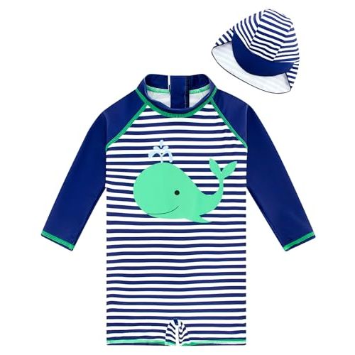 uideazone Baby Boys One Piece Swimsuit Long Sleeve UPF 50+ Rash Guard Bathing Suit Swimwear with Sun Hat 3-24 Months