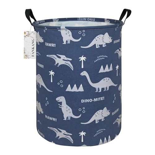 FANKANG Storage Basket, Nursery Hamper Canvas Laundry Basket Foldable with Waterproof PE Coating Large Storage Baskets for Kids Boys and Girls, Office, Bedroom, Clothes,Toys(Blue dinosaur)