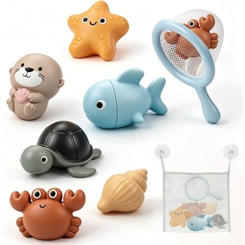 7PCS No Hole Mold Free Baby Bath Toys with Ocean Animals, Sealed Bathtub Toys for Infant with Spoons and Storage Bag, Soft, Float and Squeezeable Water Toy for Shower, Pool and Beach, Gift for 6-12M+