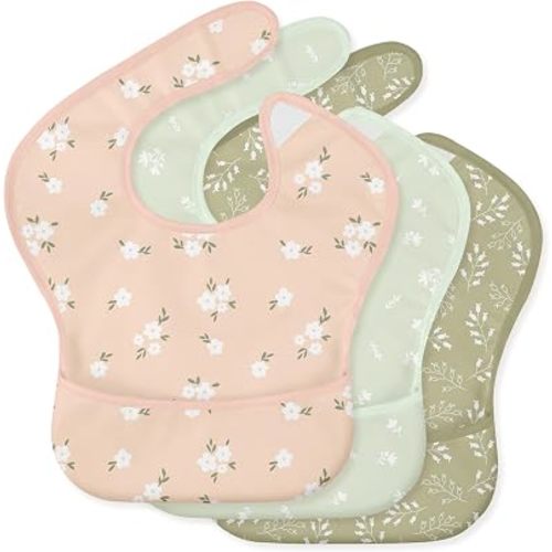 3-Pack Baby Feeding Bibs | Waterproof Stain-Resistant 3D Food Catcher, Soft Lightweight Design for Baby-Led Weaning, Infants & Toddlers 3-24 Months Green Bloom