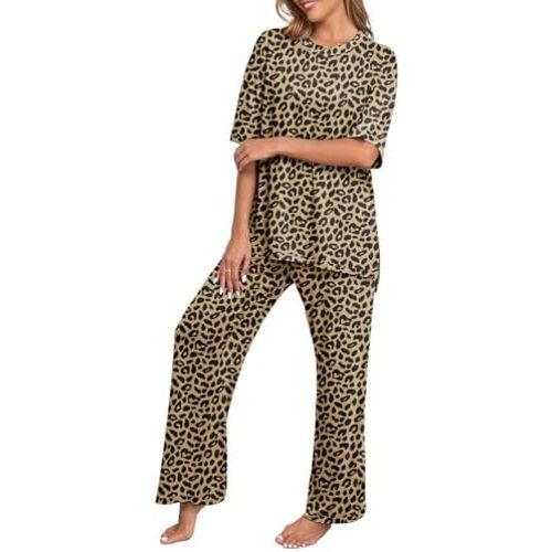 PrinStory Womens Pajamas Sets 2 Piece Lounge Set Short Sleeve Tops and Long Pants Soft Pjs Loungewear with Pockets