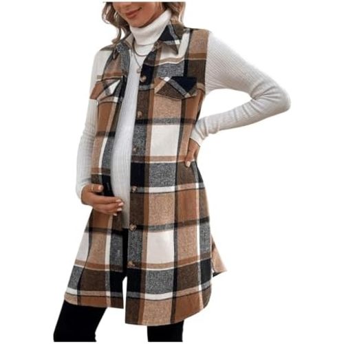 MakeMeChic Women's Maternity Vest Outerwear Plaid Print Collared Button Down Pregnancy Midi Coat