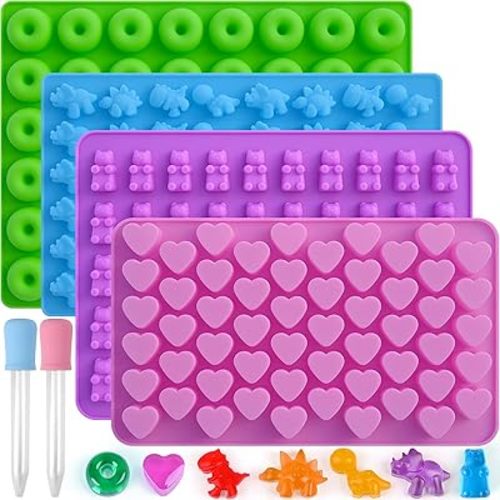 Sakolla Gummy Candy Molds Silicone with 2 Droppers Pack of 4 Mini Silicone Molds Including Dinosaur, Bear Shape, Hearts and Donut Gummie Chocolate Molds for Kids