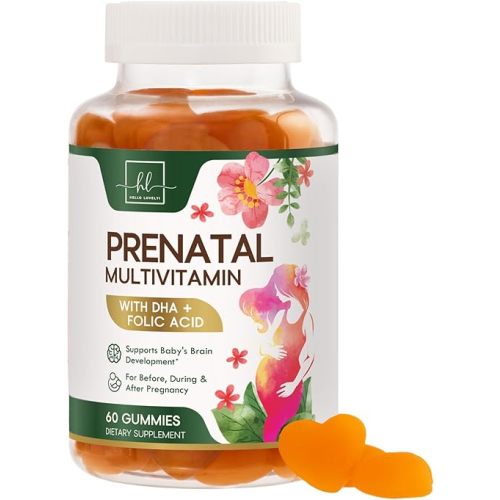 Prenatal Vitamin Gummies - with Folic Acid & Omega 3 DHA - Pre Natal Multivitamin for Women + Fetal Brain Development Support - Vitamin A, C, D, B6, B12 - Prenatal Supplement for Women - 60 Gummies