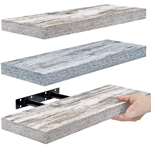 Sorbus Floating Shelves - 3 Pack 16 Inch Rustic & Blue Wall Shelves for Bedroom, Kitchen, Living Room, Bathroom Shelves, Home Decor, Office - Floating Shelf for Trophy, Books, Frames