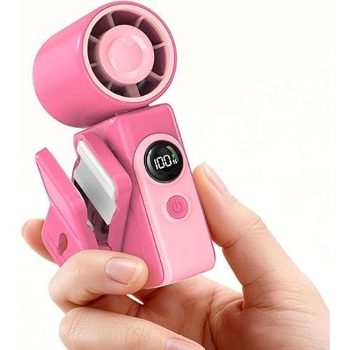 Portable Clip-On Mini Fan, Hands-Free, Turbo Personal Handheld Fans Rechargeable w/ 4 Wind & LED Display, Pocket Size Summer Essentials for Travel/EyeLash/Beach/Concert, Gifts for Women Men(Hot Pink)