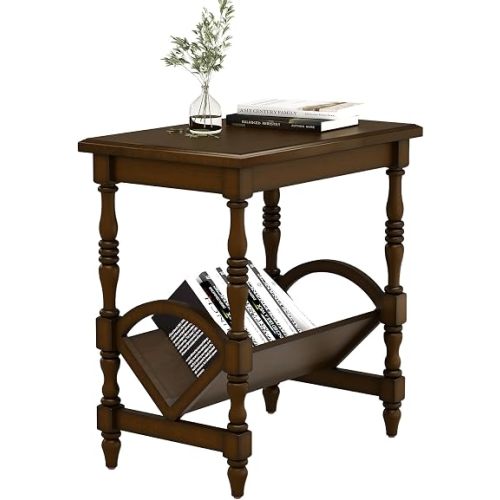 LKTART Wood End Table, Vintage Sofa Side Table with Magazine Rack and Rubberwood Legs, Bedside Table with Birch Wood Veneer Finish for Living Room Bedroom Small Space Home Office, Dark Brown
