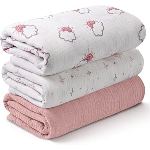Muslin Swaddle Blankets for Newborn, 3 Pack Breathable Soft Receiving Blanket, Large 38 x 40 inches Swaddle Wrap Burping Clothes Diapers, Essentials Infant Shower Items, Toddler Gift (Clouds & Stars)