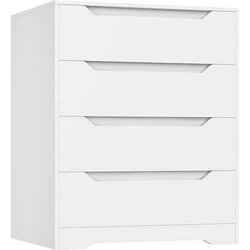 HOSTACK White Dresser, 4 Drawers Dresser, Modern Chest of Drawers with Cut-Out Handles, Small Dressers with Drawer, Wood Makeup Chest Organizer for Living Room, Entryway, Home Office, White