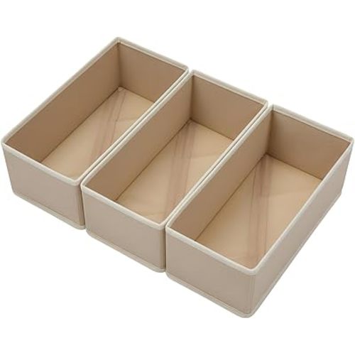 Bructhun Sock Drawer Organizer 3 Pack - Collapsible Fabric Storage Bins for Underwear Divider, Small Closet Organizers with 3 Compartments, Khaki