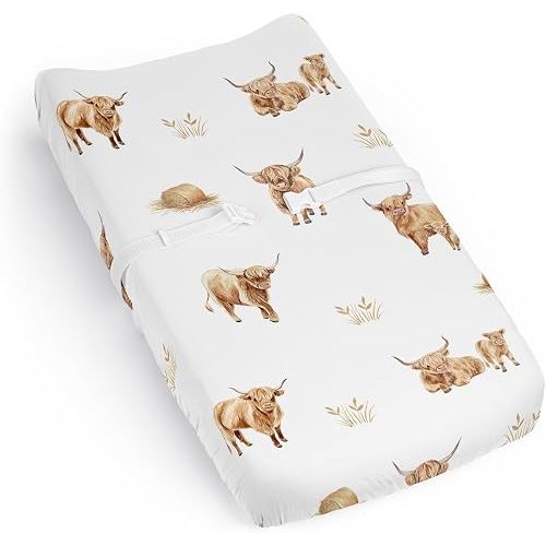 Sweet Jojo Designs Baby Changing Pad Cover Sheet (Boho Highland Cow) for Girls/Boys, Infant/Newborn Diaper Change Table Mat Covers (Farm Animal, Bohemian, Watercolor, Rustic Farmhouse, Modern Western)