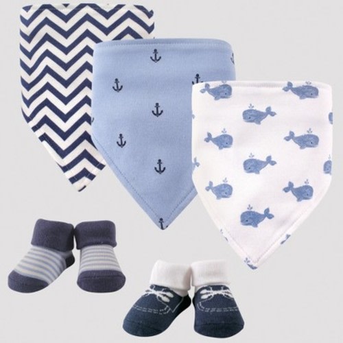 Hudson Baby Boys' 5pc Bandana Bib and Socks Set, Whales - Blue 0-12M