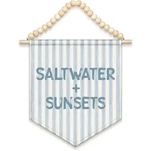 LIANGW Boys Room Decor Coastal Beach Canvas Banner, Saltwater and Sunsets, Boho Wood Beads Wall Art Decor Hanging Pennant Flag for Kids Playroom Nursery, Surf Shack Nautical Rustic Sign,13x11