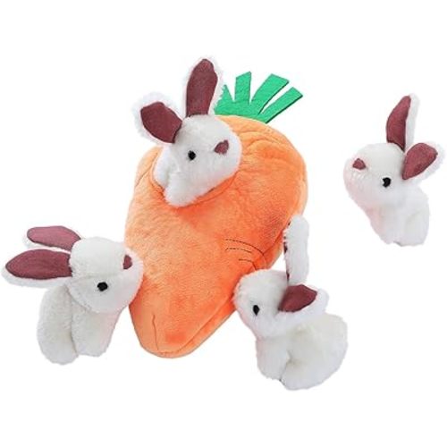 Amazon Basics Interactive Hide and Seek Squeaky Dog Plush Toy, Rabbit and Carrot, Orange and White, 5-Pack