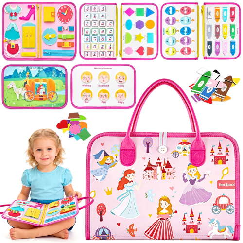 LINXUXIE Toddler Busy Board, Montessori Toy for 1-4 Year Old Girls Boys, Educational Activities, Pink, 11.6x8.27 inches