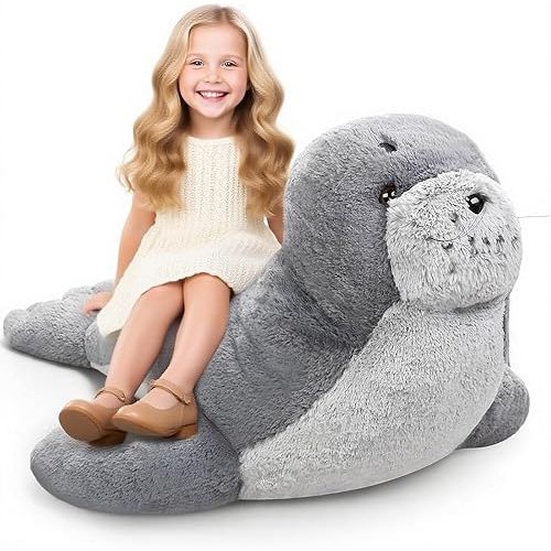 Poen 39 Inch Giant Seal Plush Stuffed Animal Large Fat Soft Cuddly Grey Cute Hug Seal Plush Toy Adorable Big Pillow Gift for Kids Sleeping Companion Birthday Ocean Animals Decor