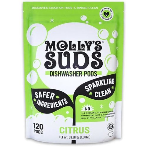 Molly's Suds Dishwasher Pods | Clean Dishwasher Detergent, Cuts Grease & Rinses Clean (Residue-Free) for Sparkling Dishes | 120 Auto-Release Tabs (Citrus)