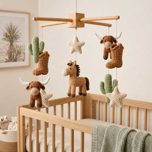 Western Crochet Baby Mobile for Crib, Cowboy Horse Bull Cactus Boot Star Nursery Hanging Decor, Handmade Baby Shower Gift Boy