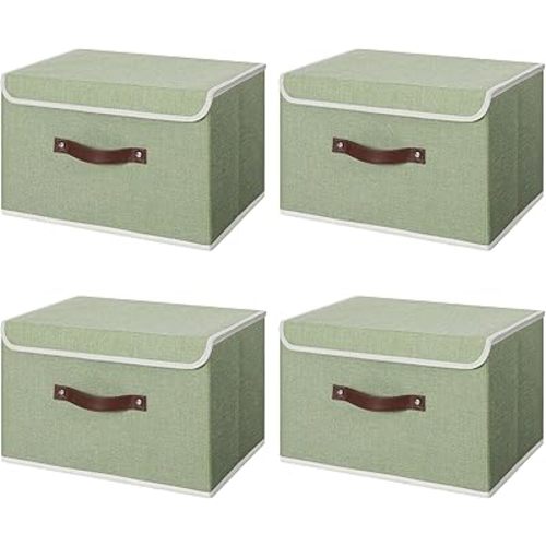 ANMINY 4PCS Storage Bins with Lid PU Leather Handles Storage Boxes PP Plastic Board Decorative Foldable Lidded Cotton Linen Fabric Home Cubes Baskets Closet Organizer Containers - Green, Large Size