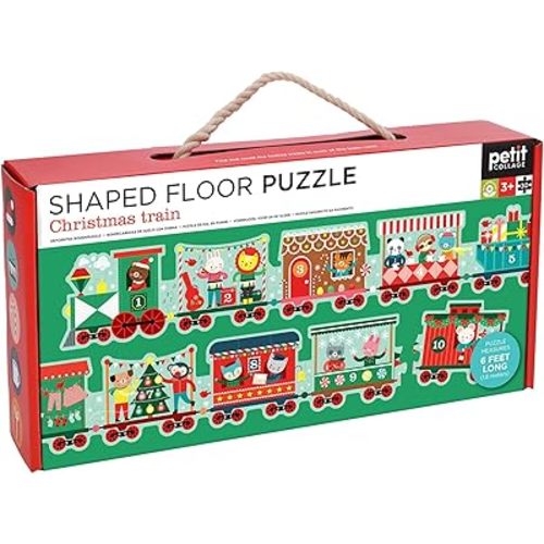 Petit Collage: Christmas Train Shaped Floor Puzzle - Giant 6ft Long 30-Piece Holiday Floor Jigsaw for Toddlers 3+ – Chunky Pieces with Box Handle – Eco-Friendly Seek-and-Find Gift for The Holidays
