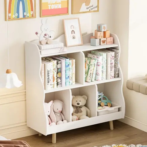 Treocho Kids Bookshelf and Toy Storage Orangizer, 3-Tier Wooden Children's Bookcase with Curve Design, 5 Cubbies Toy Storage Cabinet Display with Legs for Children's Room, Playroom, School, White