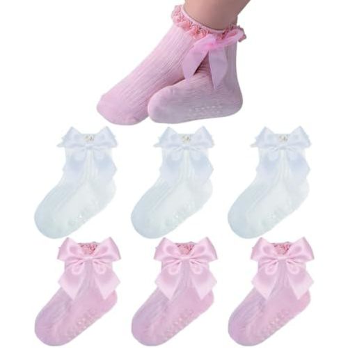 Baby Girl Non Slip Grip Ruffle Socks with Bows Soft Cotton Toddler Girl Socks with Full Sole Grips Newborn Infant