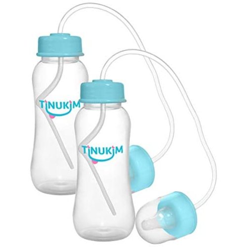 Tinukim iFeed 9 Ounce Self Feeding Baby Bottle with Tube - Handless Anti-Colic Nursing System, Blue - 2-Pack