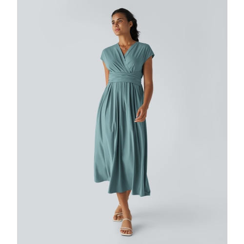 Breezeful™ V Neck Short Sleeve Pocket Tie Back Quick Dry Midi Casual Dress-Longer Length