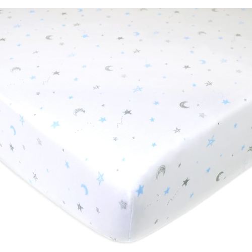 American Baby Company 100% Natural Cotton Fitted Crib Sheet 52" x 28" - Soft, Breathable, Hypoallergenic & Gentle Toddler Bed Sheet, Blue Stars and Moons, Neutral for Boys & Girls
