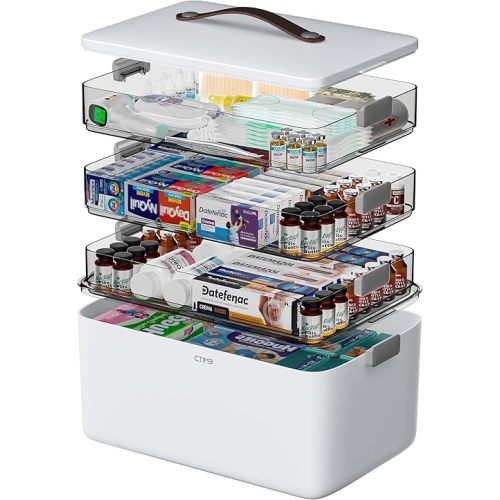 CTIME 4-Tier XL Medicine Organizer - Portable Medicine Cabinet with Leather Handle, Empty First Aid Kit for Home, School, Dormitory, Travel, RV, Dorm | Ideal Elderly Gift, Christmas Stocking Gift