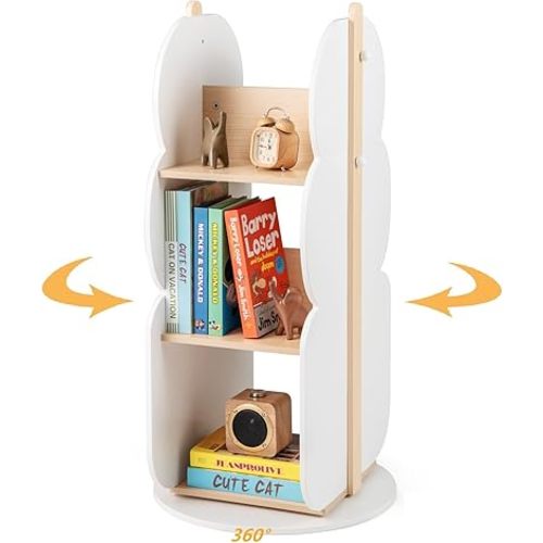 Costzon Kids Rotating Bookshelf, 3-Tier Small Book Shelf w/12 Sectors, 360° Display Spinning Bookshelf Tower, Wooden Revolving Bookcase for Kid's Room, Living Room, Daycare, Small Spaces (White)