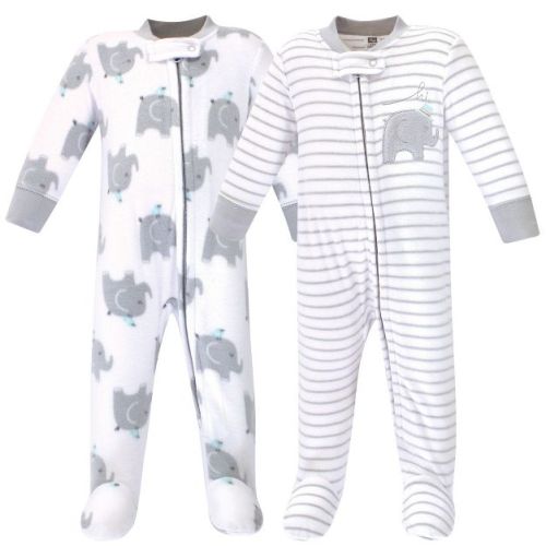 Hudson Baby Baby Fleece Zipper Sleep and Play 2pk, Elephants, 0-3M