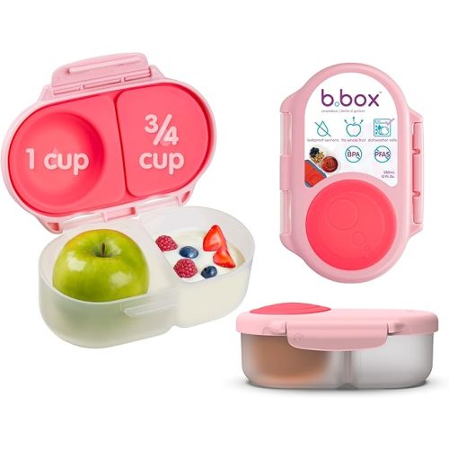b.box Snack Box - Leakproof Mini Bento Box for Kids & Toddlers, 2 Compartment Snack Containers for Kids, Lunch Containers, Dishwasher Safe, BPA Free, PFAS Free, Ages 4m+, 1 3/4 Cup - Flamingo Fizz