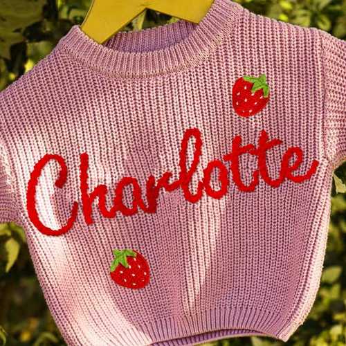 Custom Name Strawberry Baby Sweater, Perfect for Valentine’s Day, Adorable Knit Pullover, Baby Shower Newborn Announcement Gifts