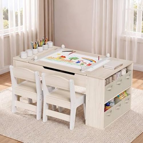 MAMIZO Kids Art Table and Chairs Set, 3 in 1 Toddler Craft Desk w/Easel, Sturdy Wood Activity Table w/Large Drawing Tabletop, Paint Cups, Removable Bins, Paper Roll for Home Classroom Daycare