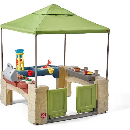 Step2 All Around Playtime Patio with Canopy, Kid Indoor and Outdoor Kitchen Playset, Sensory Playhouse, Kids Ages 2+ years old, Easy Assembly, Green