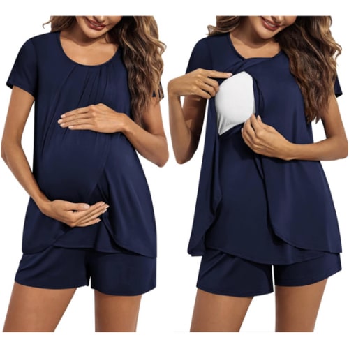 Ekouaer Women's Maternity Nursing Pajamas Set Breastfeeding Sleepwear Double Layer Short Sleeve Top & Shorts Nursing Pjs