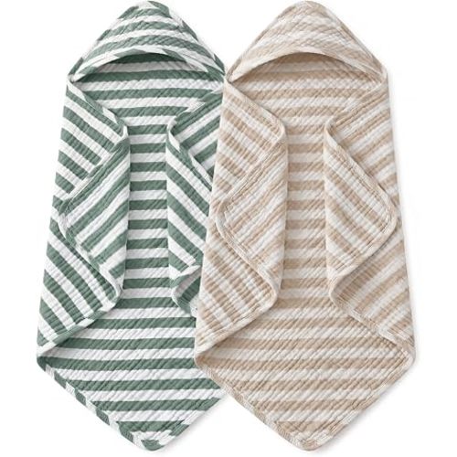 Yoofoss Hooded Baby Towels for Newborn 2 Pack 100% Muslin Organic Cotton Baby Bath Towel with Hood for Babies, Infant, Toddler and Kids, 32x32Inch, Soft and Absorbent, Beige Green Striped