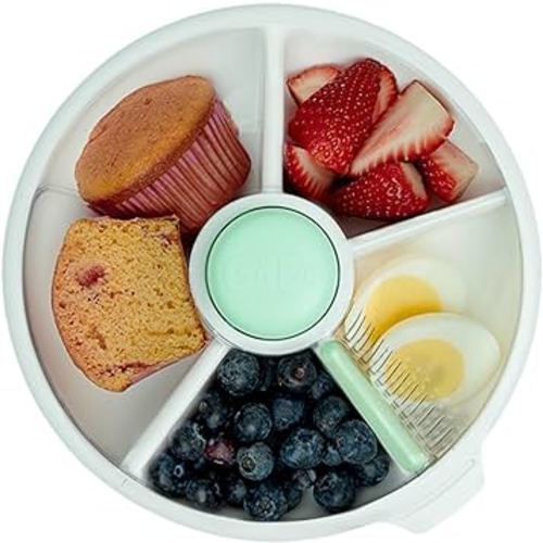 GoBe Kids Large Snack Spinner Slide Bundle with Hand Strap and Sticker Sheet - Reusable Snack Container with 4 Compartment Dispenser and Lid | BPA/PVC Free | Dishwasher Safe | No Spill - Mint Green