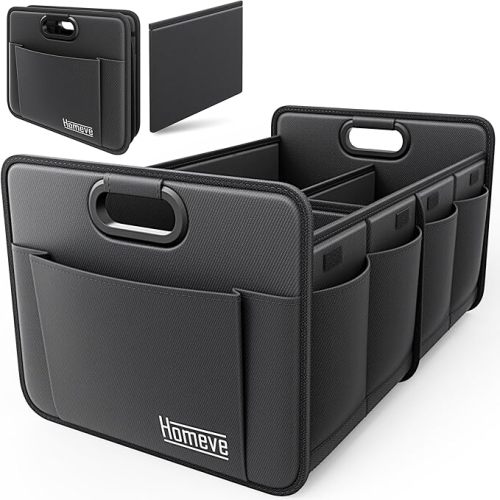 Homeve Trunk Organizer, Car Storage, Reinforced Handles, Collapsible Multi-Compartment, Foldable, Waterproof, Sturdy, 600D Oxford Polyester For Car, SUV, Mini-Van, Black, 2 Compart