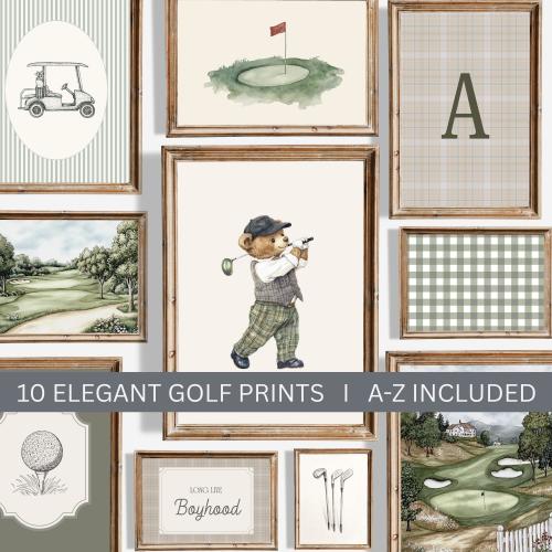 Sage Green Teddy Bear Nursery Golf Prints, Set of 10, Custom Initials, Nostalgic Wall Decor, Vintage Sport Nursery Decor, Golf Boy Room Art