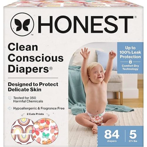 The Honest Company Comfort Dry Disposable Daytime Diapers, Hypoallergenic, Fragrance-Free, Sensitive Skin, Wingin' It + Catching Rainbows, Super Club Box Size 5 (27+ lbs), 84 Count