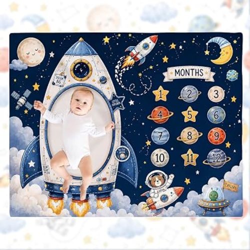 Space Rocket Baby Monthly Milestone Blanket, Little Explorer Astronaut Planet 1-12 Months Newborn Photo Prop, Soft Flannel Growth Milestone Blanket for Boy Baby Shower,50x40inch