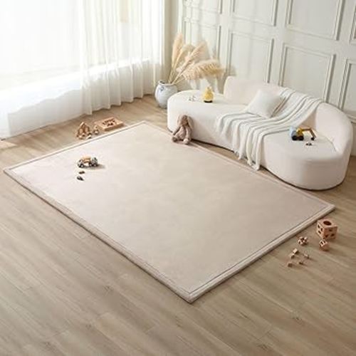 Premium Baby Playmat for Floor 80" x 110" Beige – Cloudsoft Coral Velvet Memory Foam Rug for Crawling – Non-Slip, Water-Resistant, Non-Toxic, Easy-Care Muscle Mat – Thick Play Mat for Baby